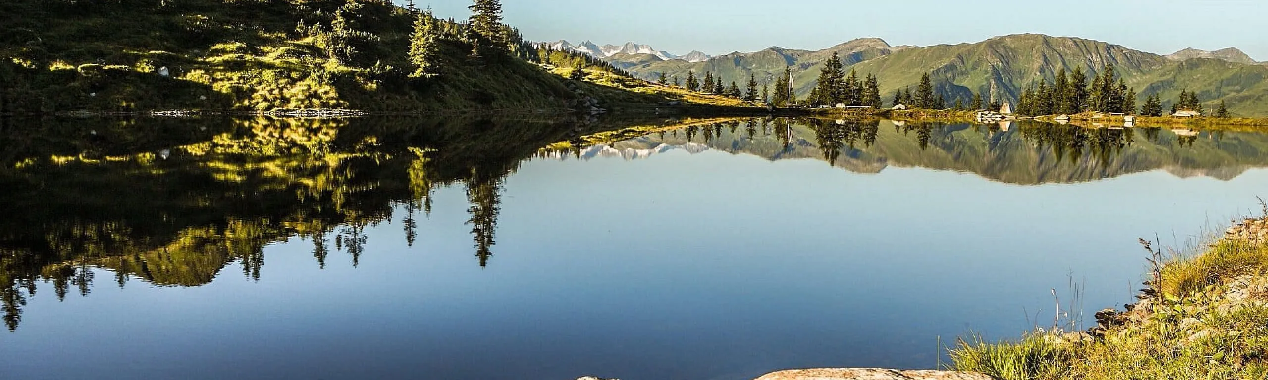 Spiegelung eines Bergsees mit Gras und Bäumen am Ufer